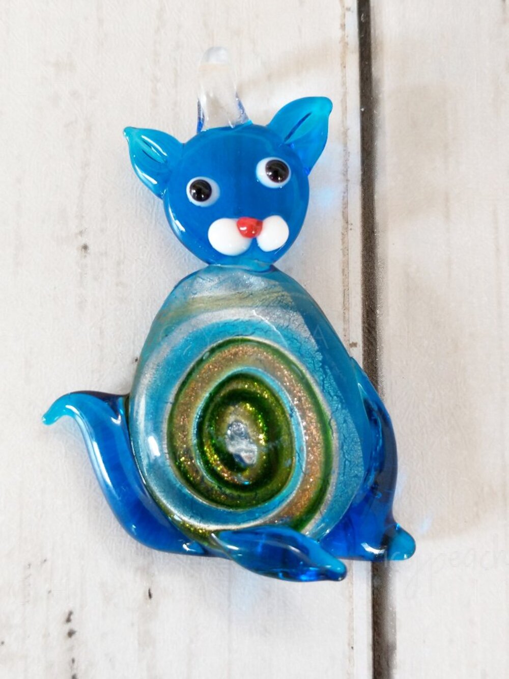 Murano Foil Glass Cat Pendant Blue Glass Art 2” Kitty Ornament Charm Sun Catcher